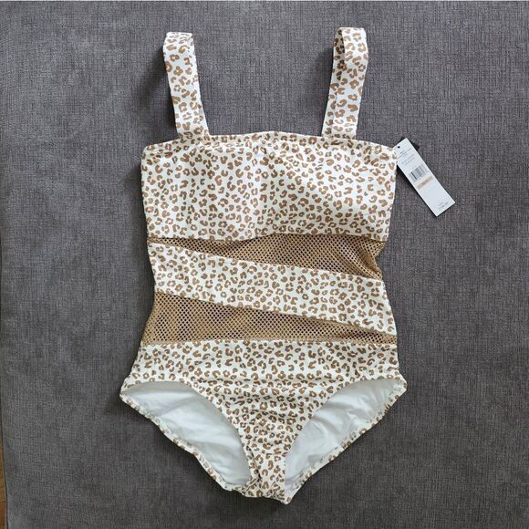 Carmen Marc Valvo White tan white Mesh Panel One Piece Swimsuit sz 12 - Picture 1 of 10